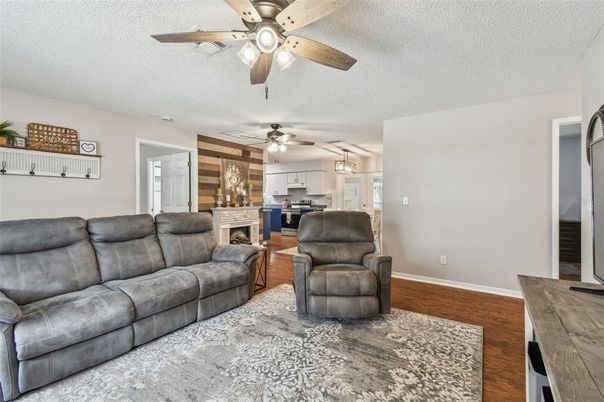 Fireplace, Interior, Kitchen, Living room, Pendant Lights, Wood Texture Flooring