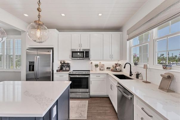 Interior, Kitchen, Pendant Lights, Recessed Lighting, Stainless Steel Appliances, Wood Texture Flooring