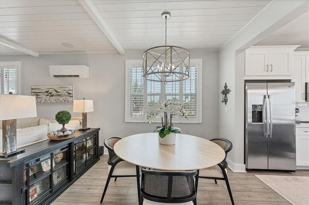 Dining room, Interior, Kitchen, Pendant Lights, Stainless Steel Appliances, Wood Texture Flooring