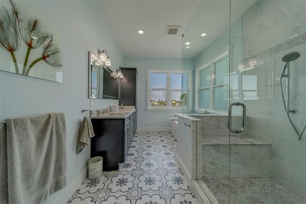 Bathroom, Glass Shower, Interior, Marble Walls, Recessed Lighting