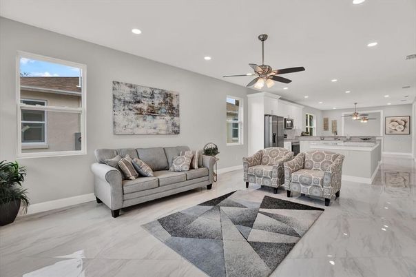 Interior, Kitchen, Living room, Marble, Pendant Lights, Recessed Lighting, Stainless Steel Appliances