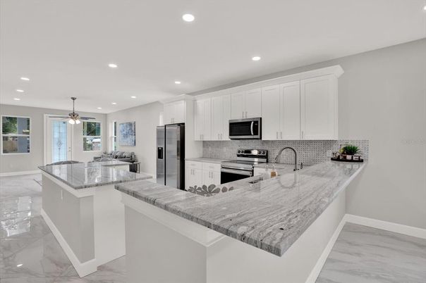 Interior, Kitchen, Marble, Recessed Lighting, Stainless Steel Appliances