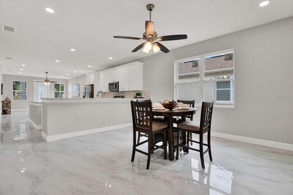 Dining room, Interior, Kitchen, Marble, Pendant Lights, Recessed Lighting
