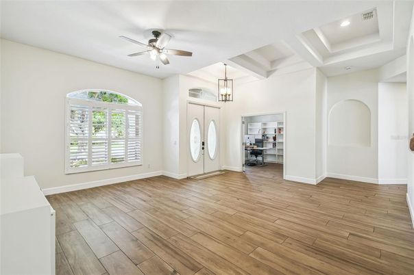 Empty room, Interior, Pendant Lights, Recessed Lighting, Wood Texture Flooring
