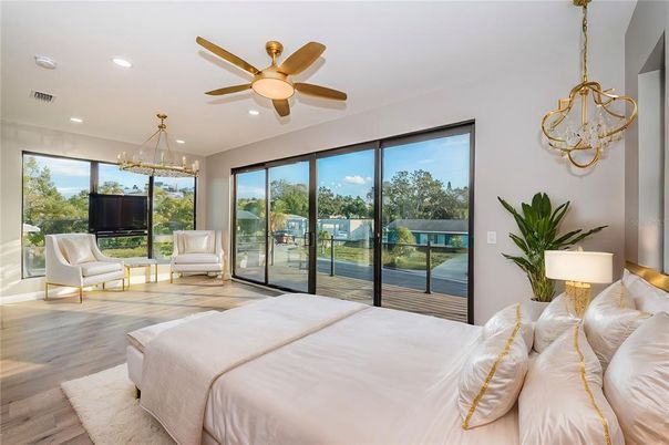 Bedroom, Interior, Pendant Lights, Recessed Lighting, Wood Texture Flooring