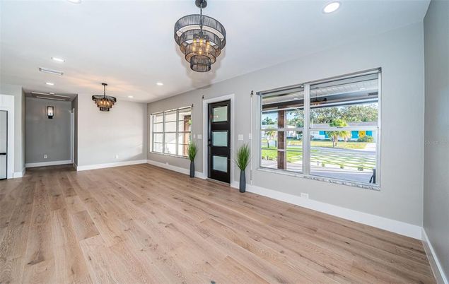 Chandelier, Empty room, Interior, Recessed Lighting, Wood Texture Flooring