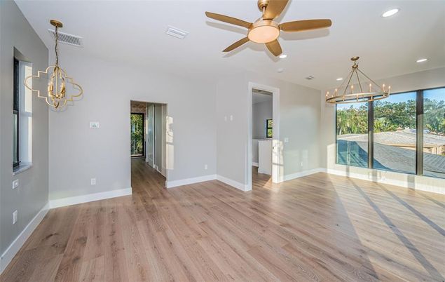 Chandelier, Empty room, Interior, Pendant Lights, Recessed Lighting, Wood Texture Flooring