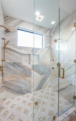 Bathroom, Glass Shower, Interior, Marble Walls, Recessed Lighting