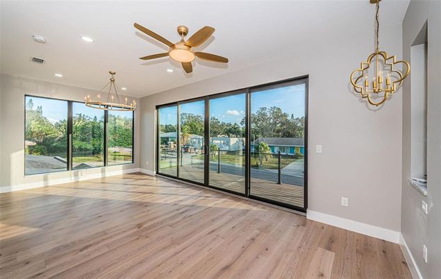 Chandelier, Empty room, Interior, Pendant Lights, Recessed Lighting, Wood Texture Flooring