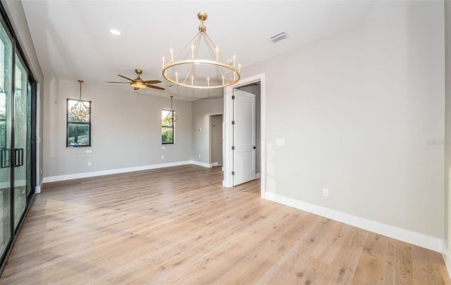 Chandelier, Empty room, Interior, Pendant Lights, Recessed Lighting, Wood Texture Flooring