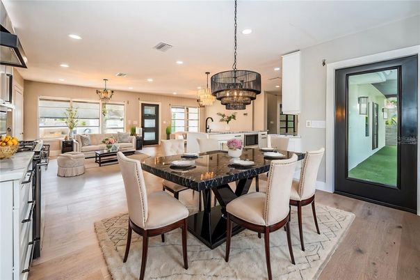 Chandelier, Dining room, Interior, Kitchen, Living room, Recessed Lighting, Wood Texture Flooring