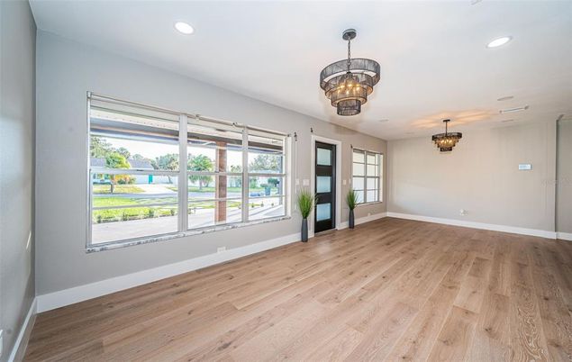 Chandelier, Empty room, Interior, Recessed Lighting, Wood Texture Flooring