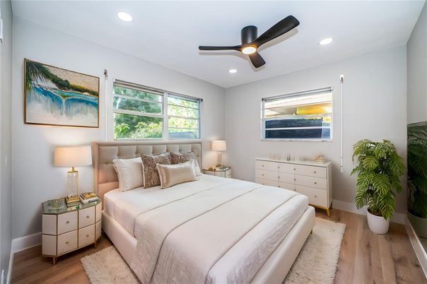 Bedroom, Interior, Recessed Lighting, Wood Texture Flooring