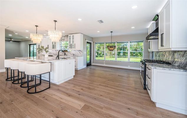 Chandelier, Interior, Kitchen, Pendant Lights, Recessed Lighting, Wood Texture Flooring