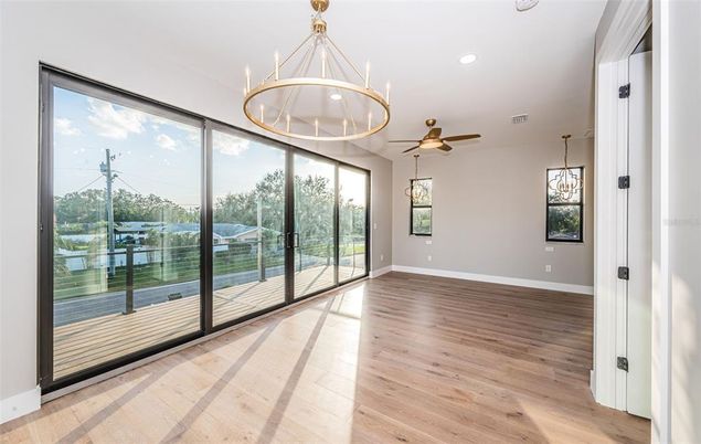 Empty room, Interior, Pendant Lights, Recessed Lighting, Wood Texture Flooring