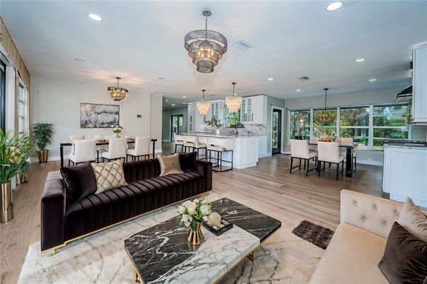 Chandelier, Dining room, Interior, Kitchen, Living room, Pendant Lights, Recessed Lighting, Wood Texture Flooring