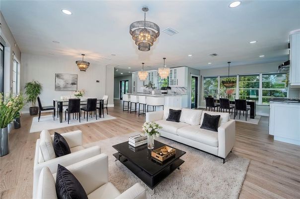 Chandelier, Dining room, Interior, Kitchen, Living room, Pendant Lights, Recessed Lighting, Wood Texture Flooring