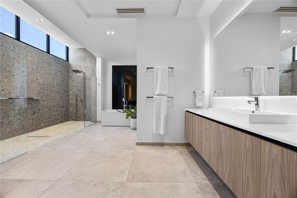 Bathroom, Dual Sink Vanities, Glass Shower, Interior, Recessed Lighting