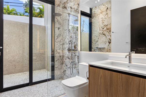 Bathroom, Glass Shower, Interior, Marble Walls, Recessed Lighting