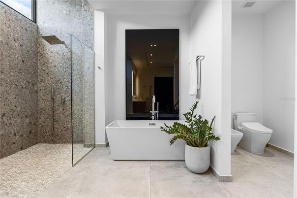 Bathroom, Free Standing Baths, Glass Shower, Interior, Recessed Lighting