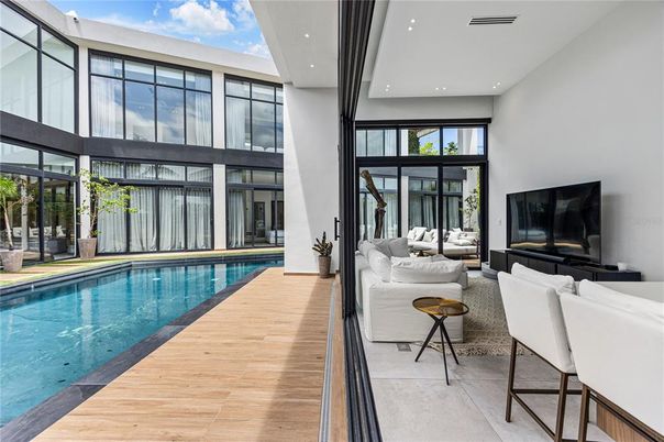 Interior, Living room, Pool, Recessed Lighting, Wood Texture Flooring