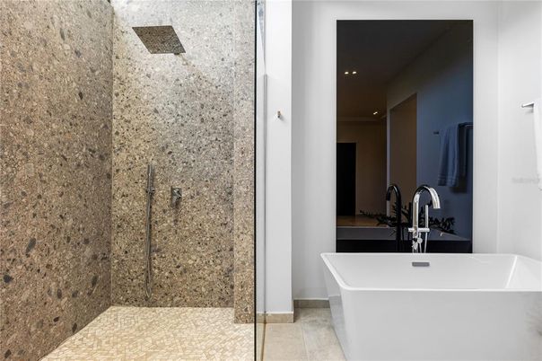 Bathroom, Free Standing Baths, Glass Shower, Interior, Recessed Lighting