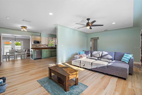 Dining room, Interior, Kitchen, Living room, Recessed Lighting, Wood Texture Flooring