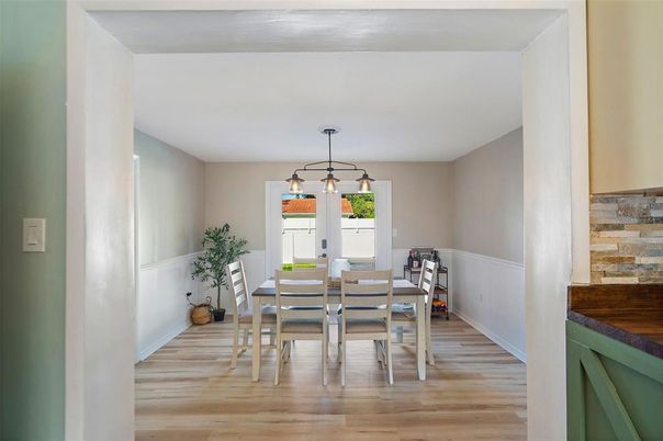 Dining room, Interior, Pendant Lights, Wood Texture Flooring
