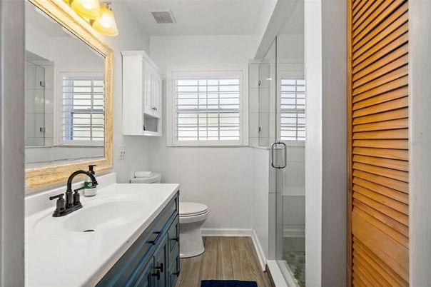 Bathroom, Glass Shower, Interior, Wood Texture Flooring