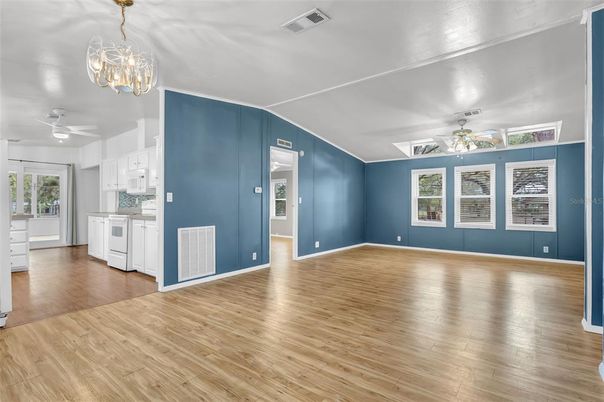 Chandelier, Empty room, Interior, Kitchen, Wood Texture Flooring