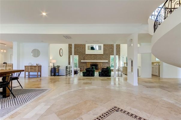 Fireplace, Interior, Recessed Lighting, Stone Walls