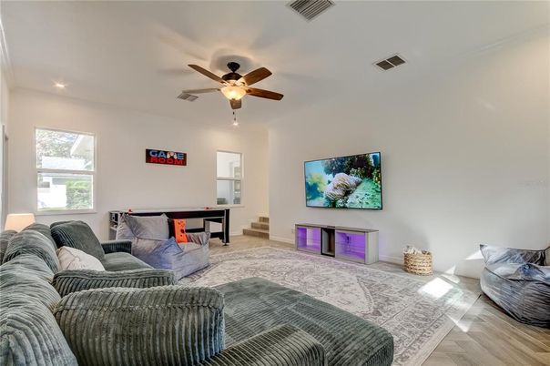 Game Room, Interior, Living room, Recessed Lighting, Wood Texture Flooring