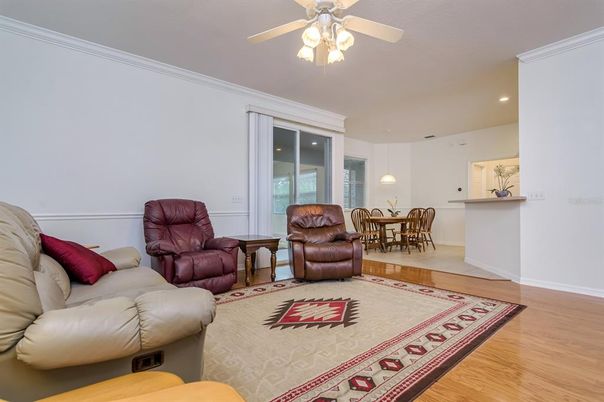 Dining room, Interior, Living room, Pendant Lights, Recessed Lighting, Wood Texture Flooring