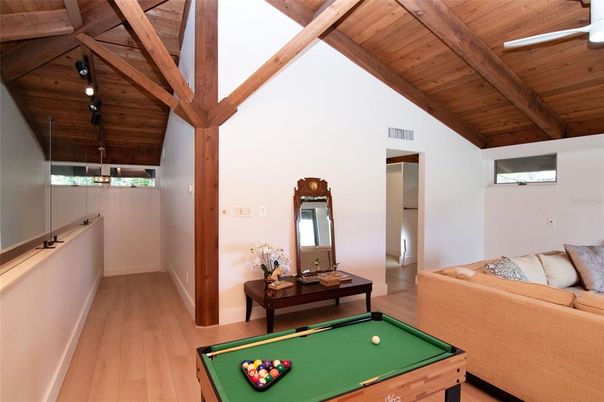 Billiard Table, Game Room, Interior, Wooden Beams, Wooden Ceilings, Wood Texture Flooring