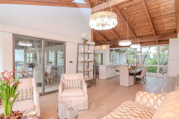 Chandelier, Dining room, Interior, Kitchen, Living room, Pendant Lights, Wooden Beams, Wooden Ceilings, Wood Texture Flooring