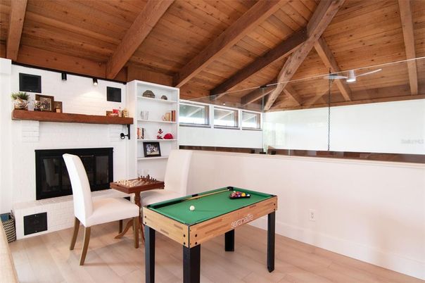 Billiard Table, Fireplace, Game Room, Interior, Wooden Beams, Wooden Ceilings, Wood Texture Flooring