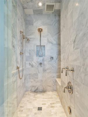 Bathroom, Glass Shower, Interior, Marble Walls, Recessed Lighting