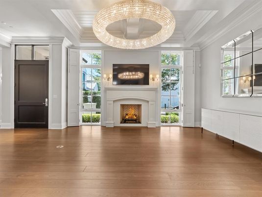 Chandelier, Fireplace, Interior, Recessed Lighting, Wood Texture Flooring
