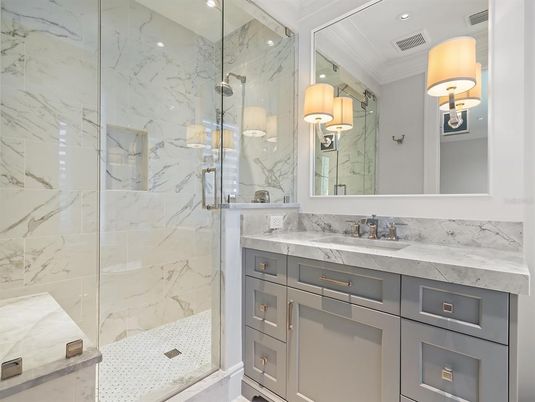 Bathroom, Glass Shower, Interior, Marble Walls, Recessed Lighting