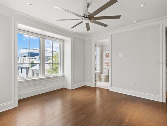 Bathroom, Empty room, Interior, Recessed Lighting, Wood Texture Flooring