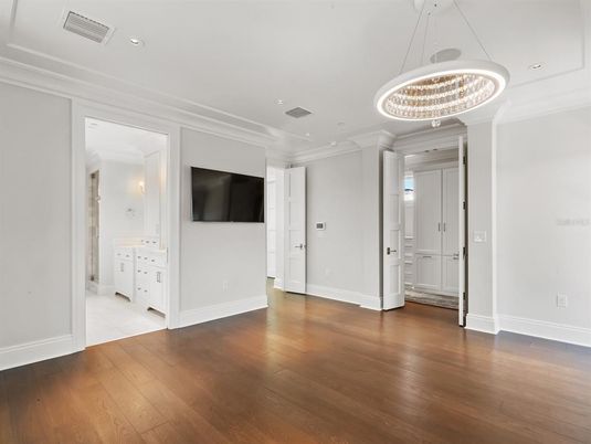 Bathroom, Chandelier, Empty room, Interior, Pendant Lights, Recessed Lighting, Wood Texture Flooring