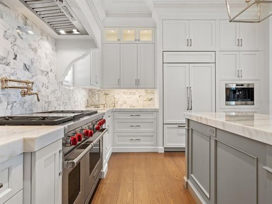 Interior, Kitchen, Marble Walls, Recessed Lighting, Stainless Steel Appliances, Wood Texture Flooring