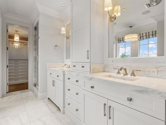 Bathroom, Chandelier, Dual Sink Vanities, Interior, Marble, Recessed Lighting