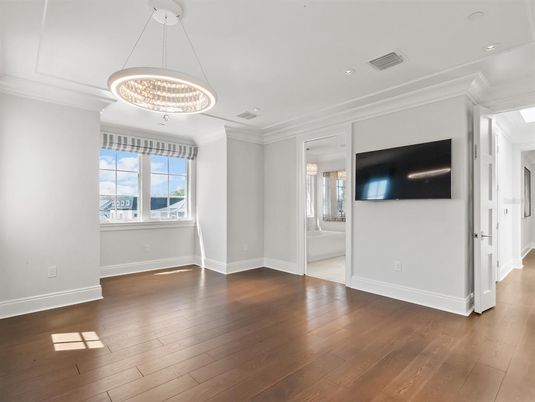 Chandelier, Empty room, Interior, Pendant Lights, Recessed Lighting, Wood Texture Flooring