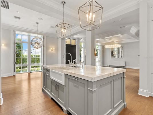 Chandelier, Interior, Kitchen, Pendant Lights, Recessed Lighting, Wood Texture Flooring