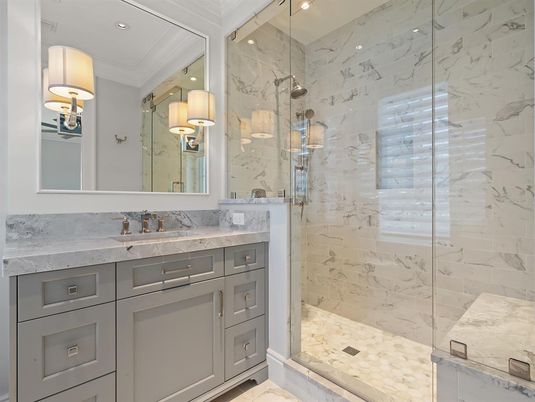 Bathroom, Glass Shower, Interior, Marble Walls, Recessed Lighting