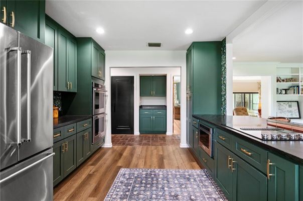 Interior, Kitchen, Recessed Lighting, Stainless Steel Appliances, Wood Texture Flooring