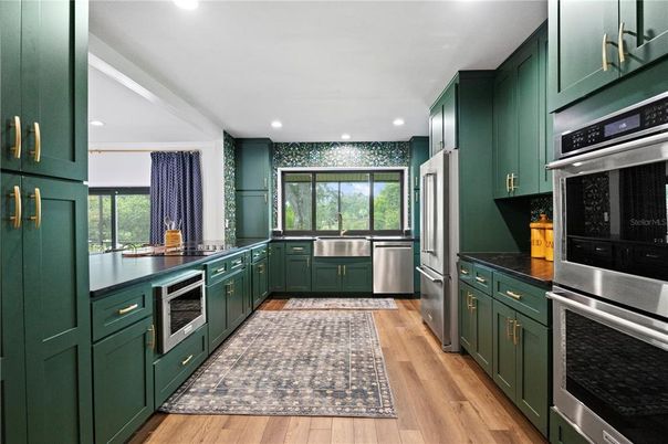 Interior, Kitchen, Recessed Lighting, Stainless Steel Appliances, Wood Texture Flooring