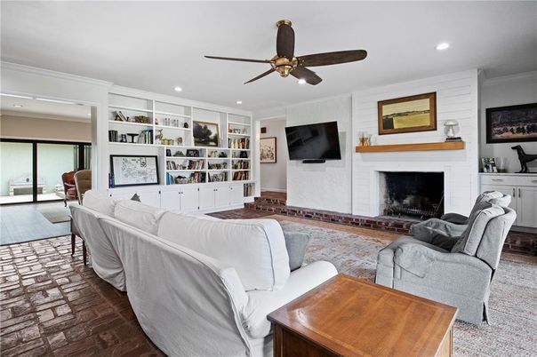 Fireplace, Interior, Living room, Recessed Lighting, Wood Texture Flooring
