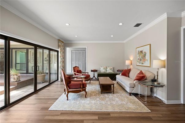 Interior, Living room, Recessed Lighting, Wood Texture Flooring